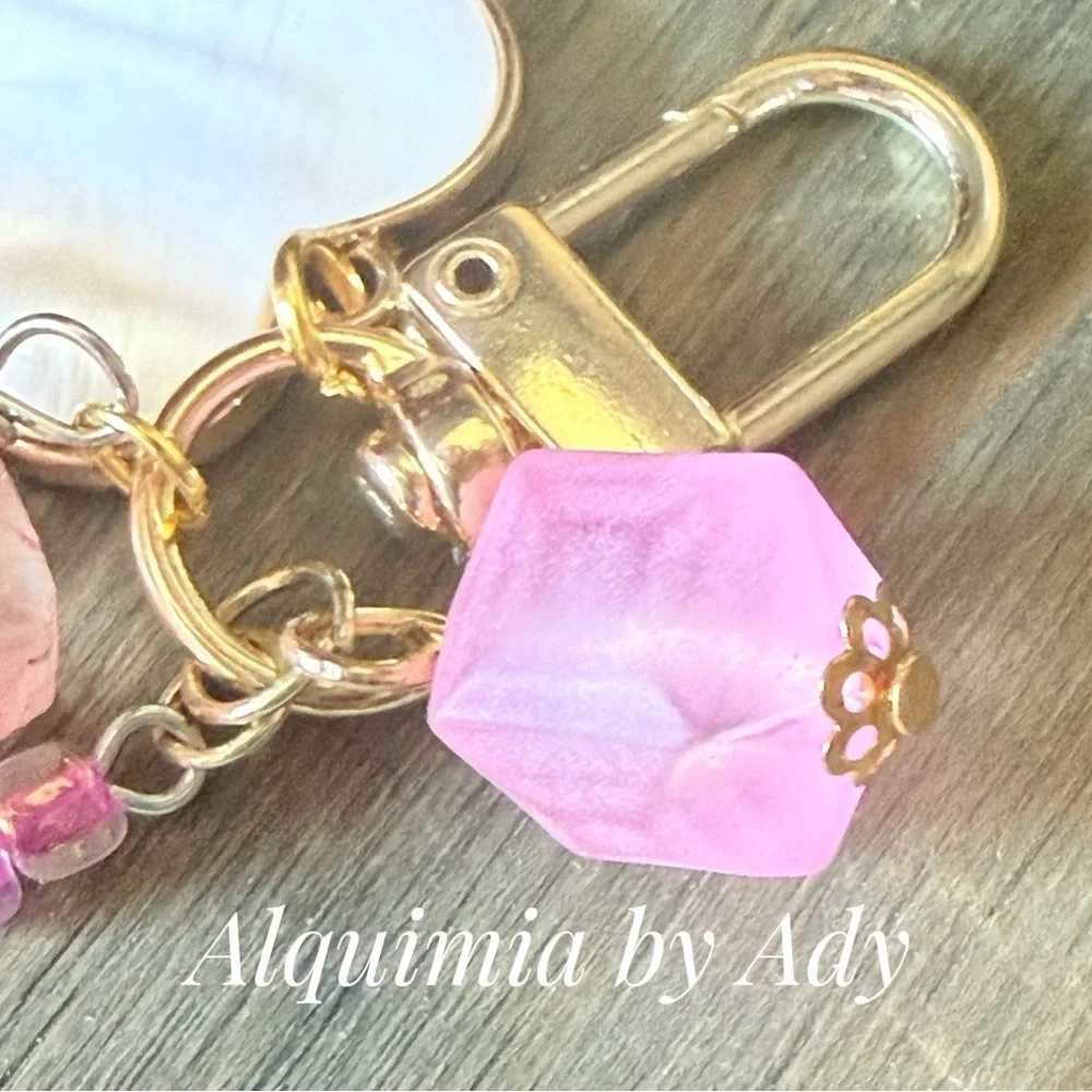 Raw cherry quartz +Gold & Heart Shell Charm Key Holder + Memories from LA PLAYA